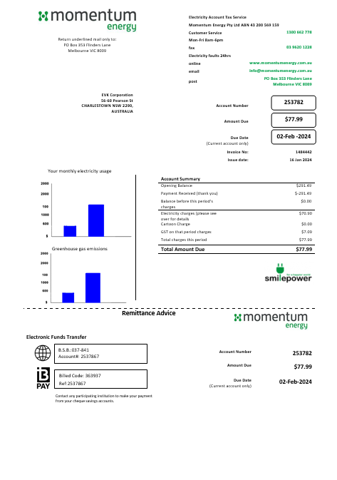 Australia Momentum Energy business utility bill template in Word and PDF format